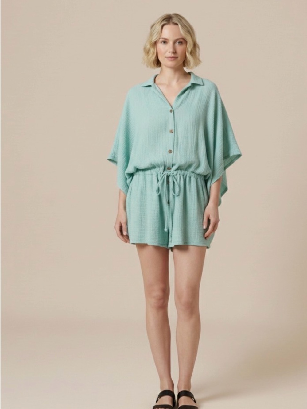 Karlie Light Aqua Linen Gauze Romper Coastal Beach Summer